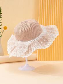 1 件女童蕾丝网眼提花荷叶边蝴蝶结装饰波浪帽檐遮阳帽，公主甜美风格编织太阳帽，适合夏季日常穿着、海滩度假、婚礼季节礼物 - 裙邊蕾絲波浪 - 查看 11