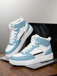 男士复古简约舒适厚底减震百搭休闲运动鞋，四季字母撞色高帮防滑平底滑板鞋 - 白月 - 查看 5