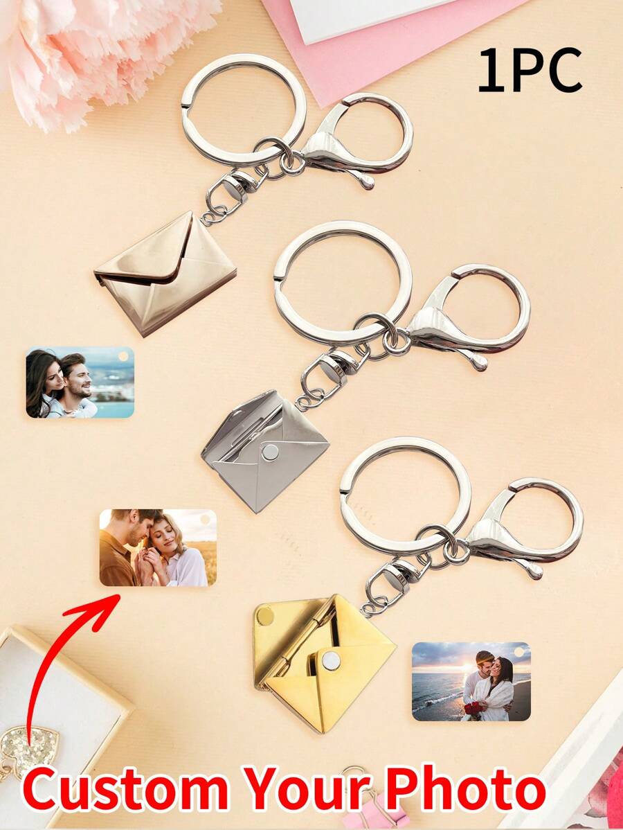 LICVIC 1/2 Custom Photo Keychain, Envelope-Style Personalized Keychain, Size: 2x1.7cm, Rose Gold/Silver/Gold Metal Keyring