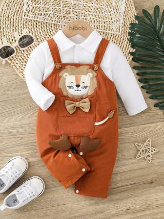 Hibobi Mono para Bebé Niño con Diseño de León en Relieve, Enterizo de Manga Larga y Piernas Largas, Diseño de Dos Piezas Falsas, Ideal para Recién Nacidos y Niños Pequeños en Primavera y Otoño