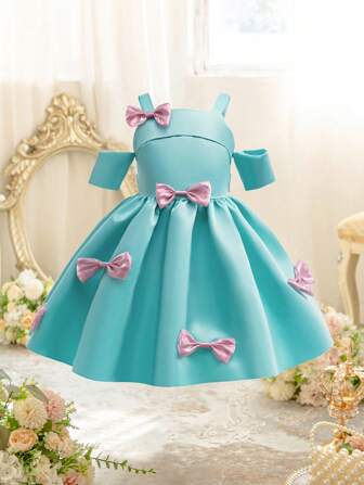 EHOMKIDS 女童连衣裙，幼儿缎面蝴蝶结露肩派对连衣裙，公主裙，中老年少女及膝连衣裙