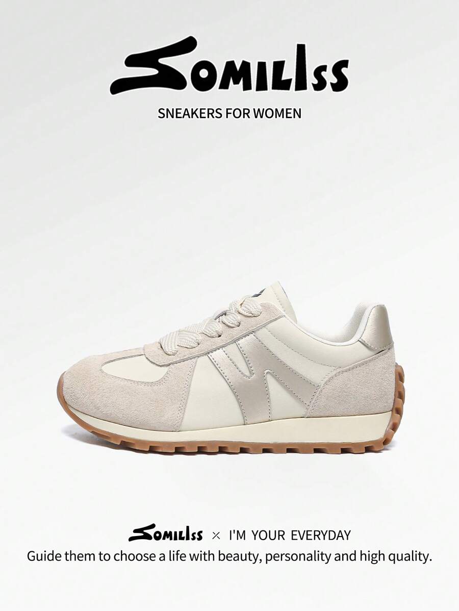 somiliss 1 Pair Women's Casual Sneakers, Lace-Up Front, Leather Upper, Lightweight & Comfortable, Classic Retro Low-Top Outdoor Walking Shoes, Suitable For Yoga, Fitness, Jogging, All Season, Apricot Color - Apricot - View 1