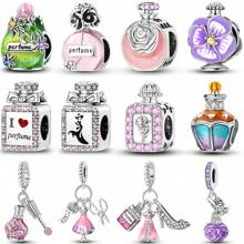 1 Pc Sliver Color Fine Pink Purple Enamel Zirconia Lady Rose Camellia Flower Perfume Bottle Nail Polish High Heel Shoes Dress Scissors Tape Measure Charms Fit Original Bracelet Necklace Pendant Beads For Diy Jewelry Making Women Girl Party Jewelry Gift For Friends