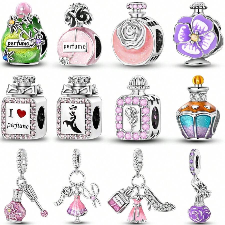 1 Pc Sliver Color Fine Pink Purple Enamel Zirconia Lady Rose Camellia Flower Perfume Bottle Nail Polish High Heel Shoes Dress Scissors Tape Measure Charms Fit Original Bracelet Necklace Pendant Beads For Diy Jewelry Making Women Girl Party Jewelry Gift For Friends