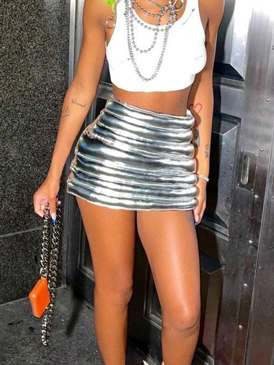 Y2K Falda de talle alto con cremallera trasera de color metálico para mujer plateada burbuja minifaldas para fiesta - Plateado - Ver 1