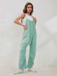Women's Causal Jumpsuits V Neck Sleeveless Harem Overalls Stretchy Adjustable Strap Romper With Pockets - Lime Green - View 3