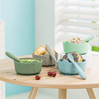 Juego de 2 piezas de tazones de alimentación de dinosaurio de silicona para niños, juego de cucharas de silicona, con ventosas, adecuado para uso de bebé, hogar, resistente al calor, apto para microondas y lavavajillas