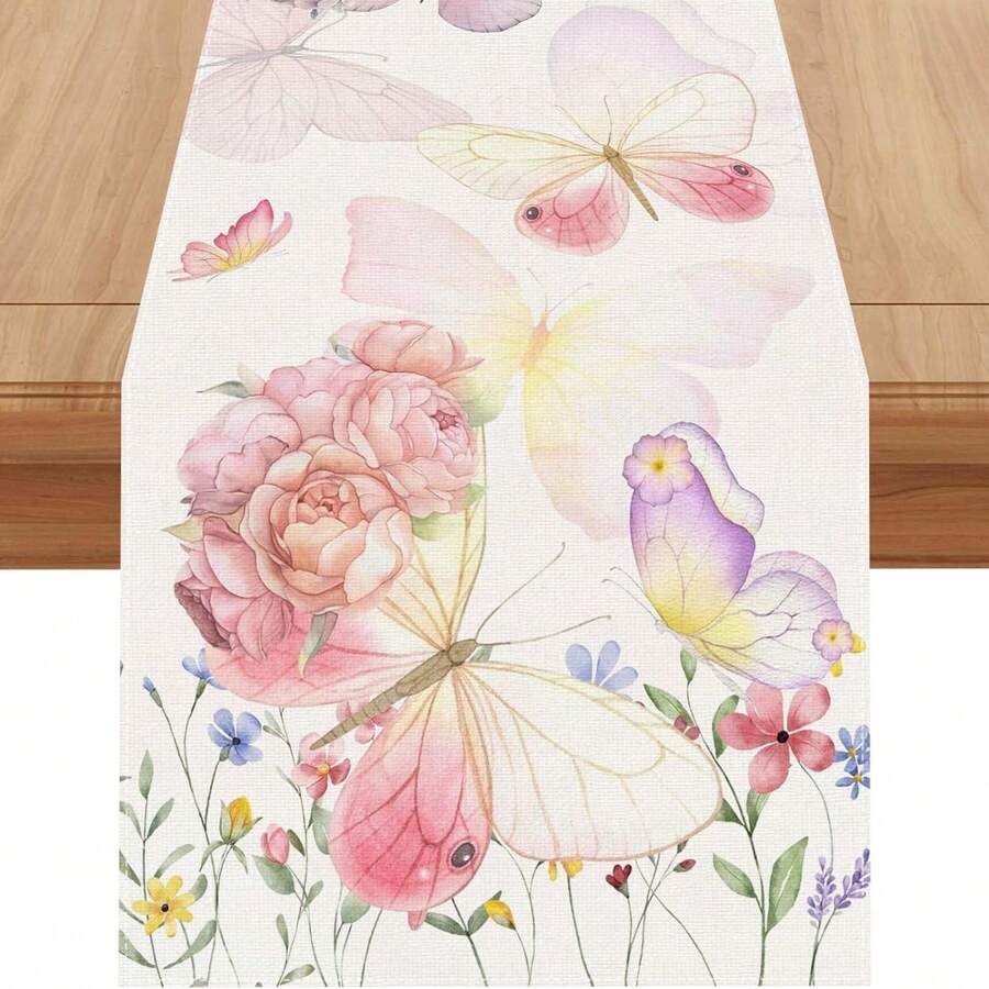 1pc Linen Watercolor Flowers Butterfly Spring Table Runner Spring Summer Easter Flower Floral Home Kitchen Dining Room Table Decorations - Multicolor - View 1