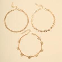 3pcs Fashion Metal Beach Style Personalized Ins Simple Butterfly Heart 3-Piece Anklet Set For Women