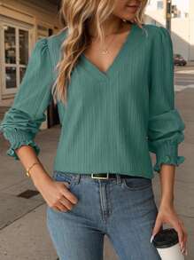 SANOPY Womens Blouses,Blouses For Women Dressy Casual,Long Sleeve Blouses For Women,Women's V-Neck Casual Cuff Shirt - màu xanh lá - Xem 4