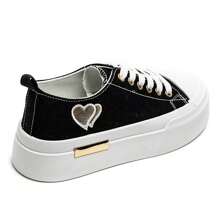 Women's Thick Sole Lace-Up Sneakers, With Heart-Shaped Patch, Available In Multiple Colors - Black-9151 - View 4