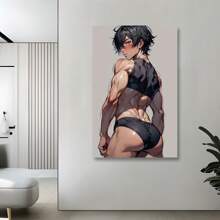 Framed Canvas Wall Art - Black & White Anime Muscle For Man, Sexy Beach Scene Poster For Bedroom, Living Room, Office, Cafe, Bar Decor - High-Quality Print, Ideal Gift, Wall Art Decor,  Perfect For Room Decor