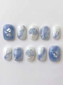 10 件渐变蓝白贝壳设计指甲贴，可拆卸短款优雅 DIY 美甲贴片 美甲用品 美甲
