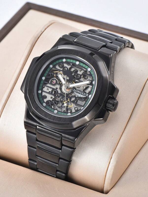 LONGLUX 1 Pc Men's Hollow Automatic Mechanical Waterproof Steel Band Watch, High-End Butterfly Buckle, Casual & Fashionable