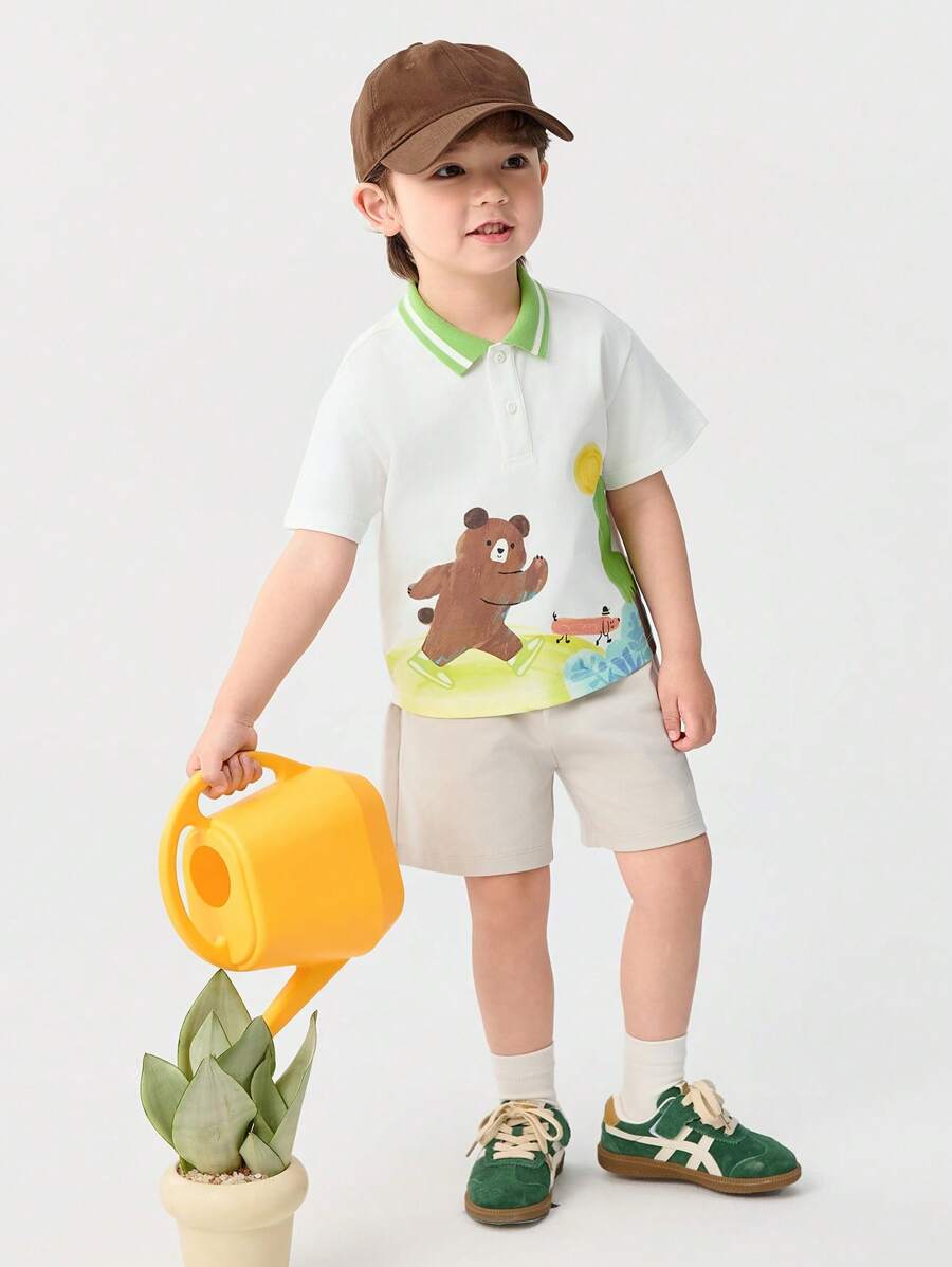 Balabala Young Boys' Two Pieces Cartoon Set, Summer Outfit For Kids, 2025 - Camel - View 1
