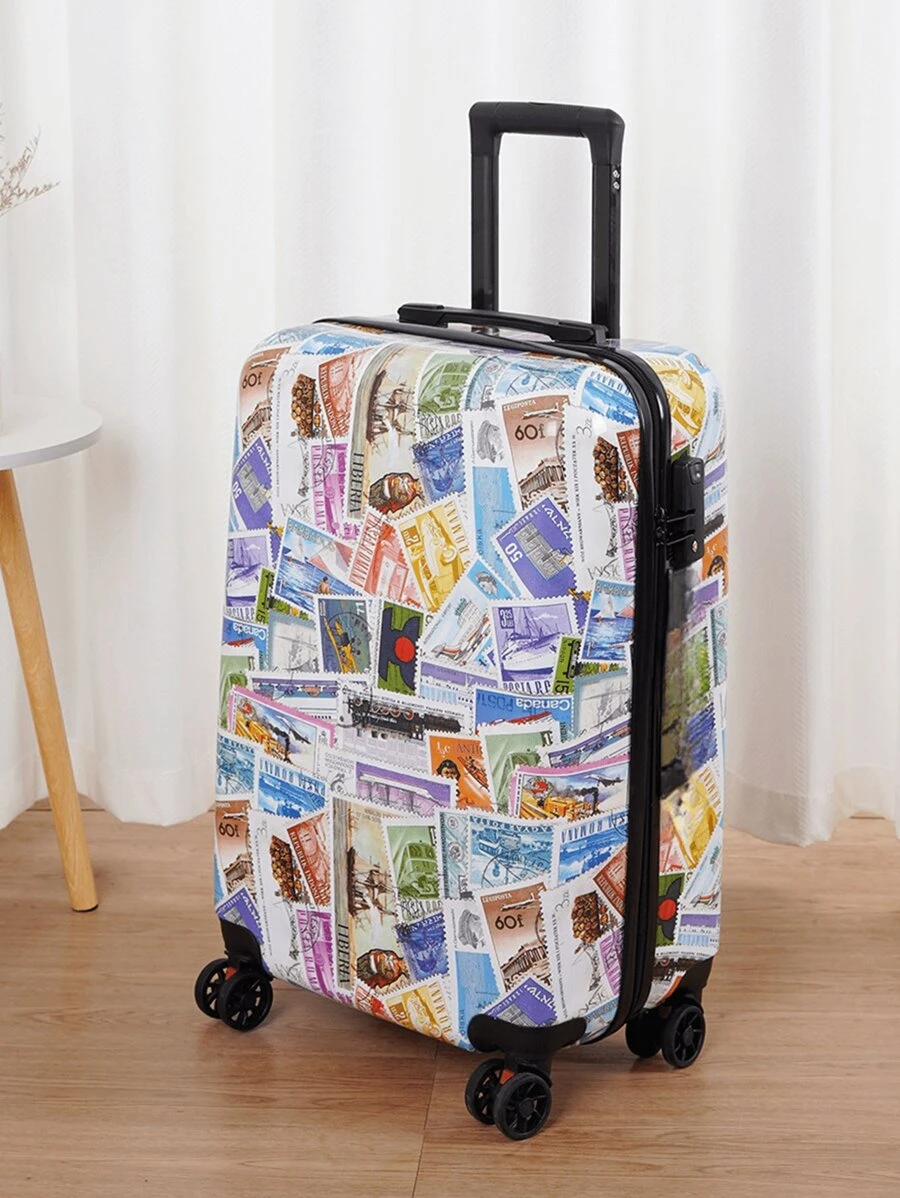 一件印花20吋硬殼旅行行李箱，拉桿箱防刮/靜音萬向輪/帶密碼鎖/適合男女學生/輕便防震/個人旅行/隨身行李箱/學校假期/情侶蜜月度假/出國留學/畢業度假/旅行必需品，情人節禮物佳品，旅遊季節，夏季出遊，聖誕節出遊 - 彩色 - 查看 1