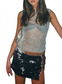 Women's Summer Short Tank Tops Solid Color Sleeveless O Neck Sheer Crop Knit Vest For Night Club Party - 銀色 - 查看 2