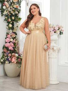大码V领无袖亮片刺绣网纱拼接A字伴娘礼服，优雅派对礼服，毕业舞会礼服，适合婚礼宾客、毕业典礼、正式晚宴、春夏穿着 - 金色 - 查看 6
