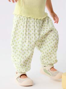 Balabala Baby Girl Lightweight Floral Print Anti-Mosquito Long Pants, Summer - White Green Tone - View 4