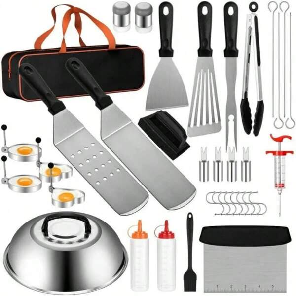 Griddle Accessories Set Of 45, Flat Top Grill Accessories Set For Blackstone And Camp Chef, Grill Spatula Set With Enlarged Spatulas, Basting Cover, Scraper For Outdoor BBQ