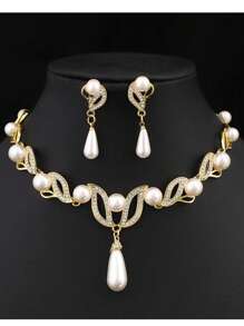 3 pièces Collier en perles plaqué or, ensemble de boucles d'oreilles, ensemble de bijoux de mariage pour femmes, boucles d'oreilles en perles, 3 couleurs disponibles (or/argent/or rose) - Doré - Voir 3