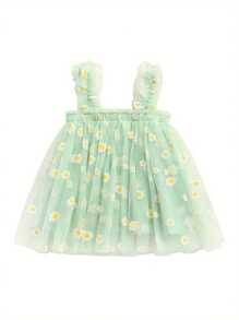 Vestido de princesa para niñas pequeñas, con bordado de margaritas y frutas, sin mangas, informal, de verano, de malla y tul, esponjoso - Verde - Ver 1