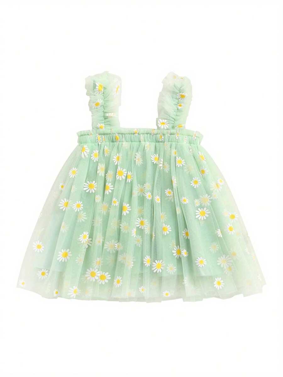 Vestido de princesa para niñas pequeñas, con bordado de margaritas y frutas, sin mangas, informal, de verano, de malla y tul, esponjoso - Verde - Ver 1