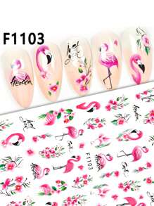 2 件装粉色火烈鸟龟背花指甲贴纸竹子绿叶动物春夏美甲贴花自粘指甲饰品装饰