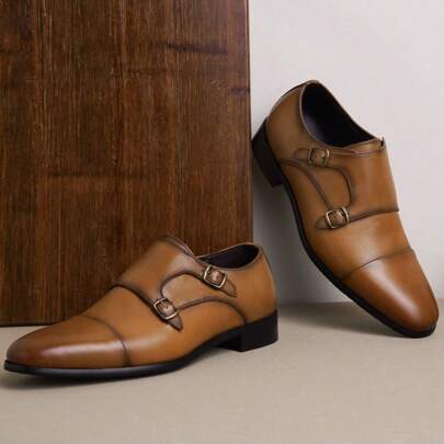 SHOESMORE Men's Leather Black Dress Loafers Double Monk Strap Oxford Slip On Cap Toe Brown Dress Shoes For Men