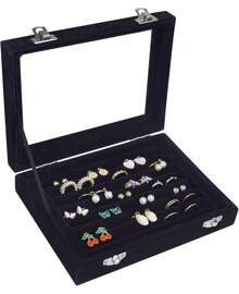 Rings Organizer Tray Slots Velvet Jewelry Earring Storage Box With Transparent Lid Jewelry Display Wife Mom Women (Beige) - Black - View 1