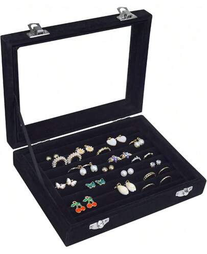 Rings Organizer Tray Slots Velvet Jewelry Earring Storage Box With Transparent Lid Jewelry Display Wife Mom Women (Beige)