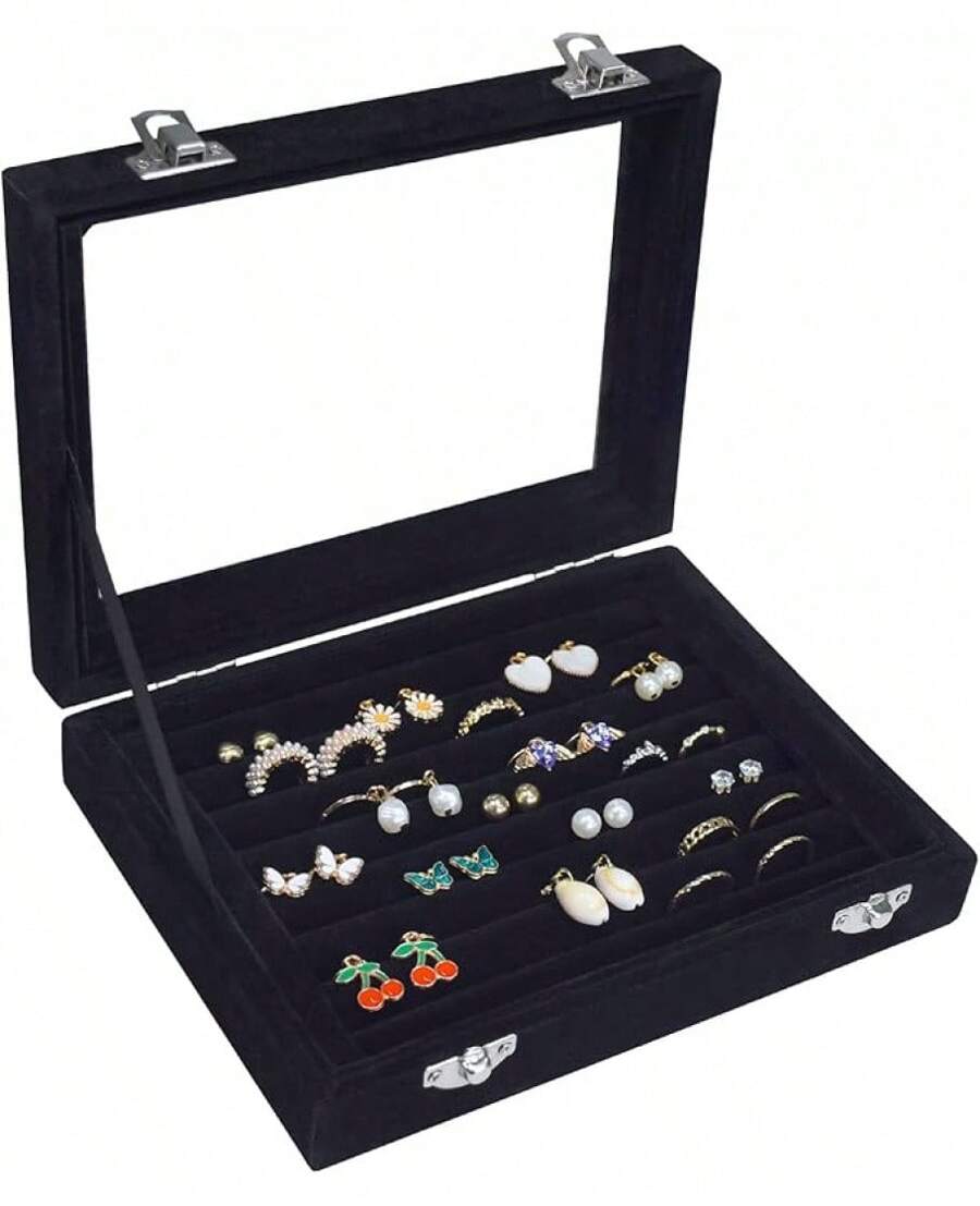 Rings Organizer Tray Slots Velvet Jewelry Earring Storage Box With Transparent Lid Jewelry Display Wife Mom Women (Beige) - Black - View 1