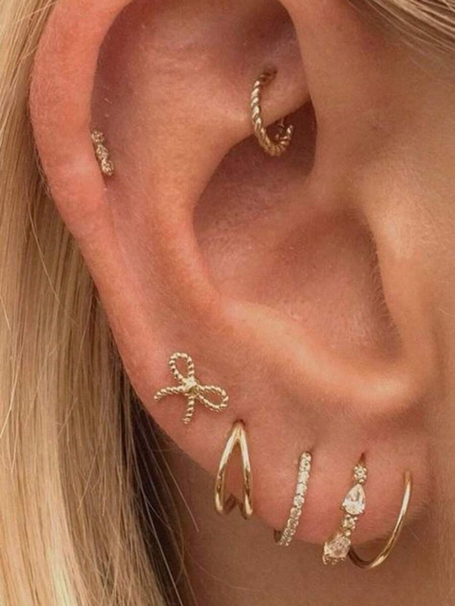 7pcs Elegant Bow Decor Earring Set, Cubic Zirconia Copper Stud & Clip Earrings For Women, Suitable For Daily, Date, Party Wear (Quantity For One Ear Only) - Yellow Gold - View 1