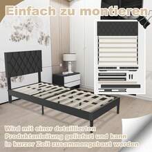 YARDIN Polsterbett 90/140/160 x 200 cm – Doppelbett für Erwachsene, mit Knöpfen, Plattformbettgestell mit gepolstertem Kopfteil aus Kunstleder, Bettrahmen, Holzlattenstütze, Modernes Design (Schwarz) - Kunstleder - Schwarz - Übersicht 9