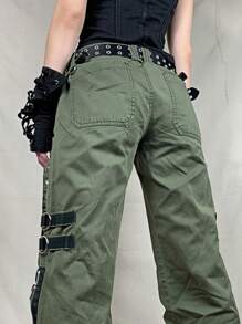 Women Y2K Gothic Cargo Pants Loose High Waist Trousers Harajuku Wide Leg Baggy Pants 90s Punk Goth Loose Trousers Streetwear - màu xanh lá - Xem 2