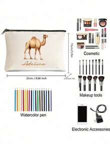 1pc Custom Camel Printed Cosmetic Bag,Customizable To Your Exclusive Design, Storage Bag,Reusable Women'S Toiletry Organizer, School - Multicolor - View 5