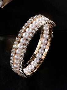 1 件时尚嘻哈闪亮三层弹性珍珠手链，精致珠宝配饰适合男士和女士，优雅的礼物 - 彩色 - 查看 3