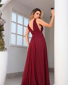 Olive Green V-Neckline Bridesmaid Prom Dress In Shiny Tulle - 紅木色 - 查看 3
