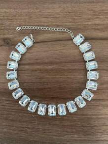 Fashionable Simple Square & Multicolor Rhinestone Necklace, Bride Wedding Dress Accessory For Women