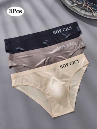 3 Pack Men's Breathable & Comfortable Letter Print Sports Sexy Transparent Pouch Ice Silk Seamless Low-Rise Briefs