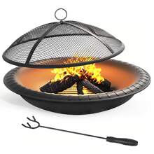 30 Inch Black Iron Fire Pit BBQ Grill With Wood Burning And Fork For Outdoor Camping & Picnics Black
