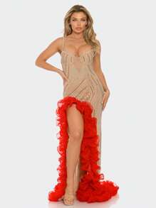 Elegant Evening Gown With Dazzling Rhinestones And Dramatic Red Ruffle Train -Perfect For Gala Events Comfortable Fabric