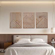 3 pièces Œuvre murale en bois rustique - Grandes sculptures géométriques de montagnes et de soleil, ensemble de 3, décoration d'intérieur bohème pour salon, chambre à coucher, bureau avec installation facile
