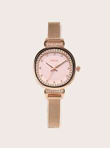 KEZZI 1 件女士不锈钢网带石英手表，时尚水钻表盘，适合日常佩戴 - 玫瑰金 - 查看 4