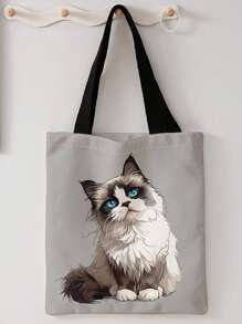 猫图案双面印花单肩手提包印花手提包休闲旅行沙滩包大容量可重复使用单肩购物袋女士休闲单肩包手提包大容量帆布沙滩包手提包购物袋印花女士杂货单肩包 - 彩色 - 查看 6