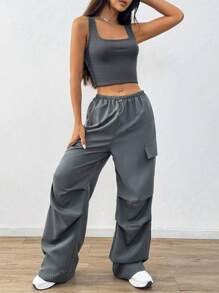 Set de 2 piezas Mujer Top deportivo y pantalón cargo de unicolor informal con diseño de bolsillos