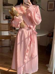 1pc Women Sweet Tie Collar Solid Color Long Robe Nightgown, Spring/Autumn Summer Wedding Home Bathroom Decor Back To School - Multicolor - View 11