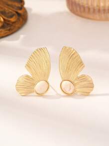 1 Pair Gold-Tone Butterfly Stud Earrings Inlaid With Natural Turquoise, White Turquoise And Malachite, Elegant And Versatile Earrings Suitable For Evening Parties And Everyday Wear, Symbolizing Hope And Good Wishes As A Fashion Accessory For Women