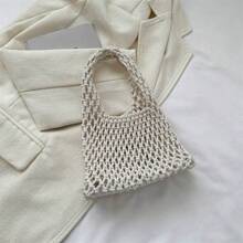 Solid Color Hollowed-Out Hand-Woven Shoulder Bag, Stylish Hand-Woven Handbag With Exquisite Single Strap Mesh Design, Perfect For Beach Vacations Or Summer Trips, Light And Breathable, Showing A Natural Casual Style