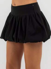 Women Girls Bubble Mini Skirt Low Waist Pleated Puffy Short Skirts A-Line Rufle Flared Mini Balloon Skirts - Black - View 3